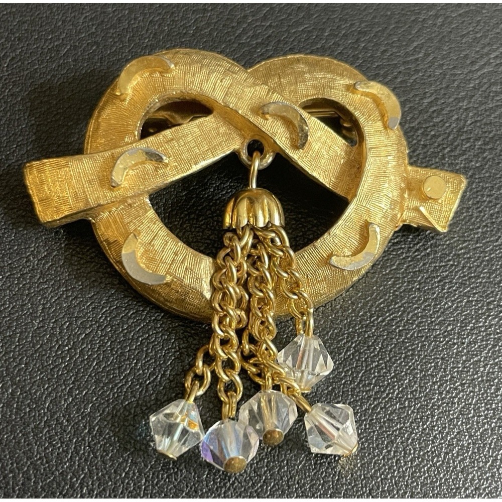 Vintage Heart Knot Brooch Gold Tone Brushed AB Tassel Valentines Day Jewelry